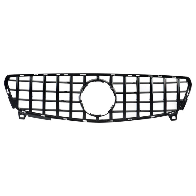 A black car grille with vertical and horizontal bars forms a grid pattern, featuring a circular center frame, set against a plain white background.