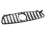 A black, rectangular car grille with a grid pattern and a circular cutout in the center, shown isolated against a white background.