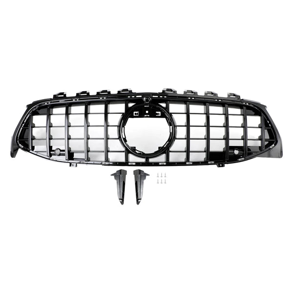 A black car grille with a large central circular opening and grid pattern, displayed against a white background. Below it are two mounting brackets and four screws.