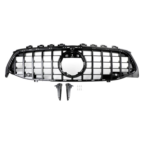 A black car grille with a large central circular opening and grid pattern, displayed against a white background. Below it are two mounting brackets and four screws.