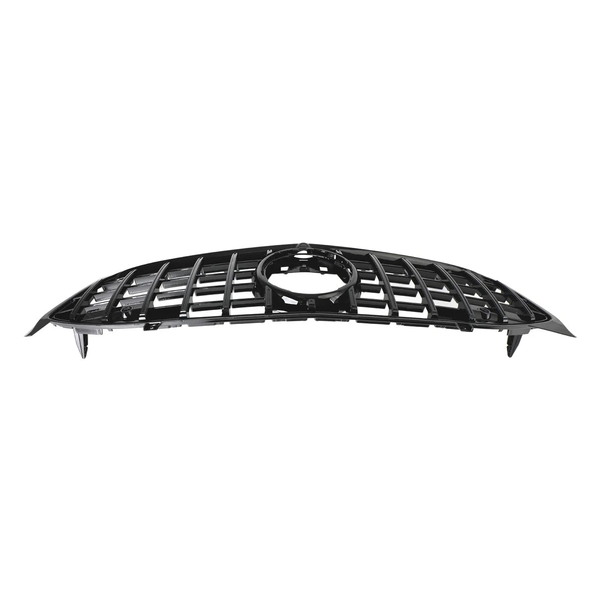 A black car grille with horizontal and vertical slats features a circular cutout at the center, resting on a white, featureless background.