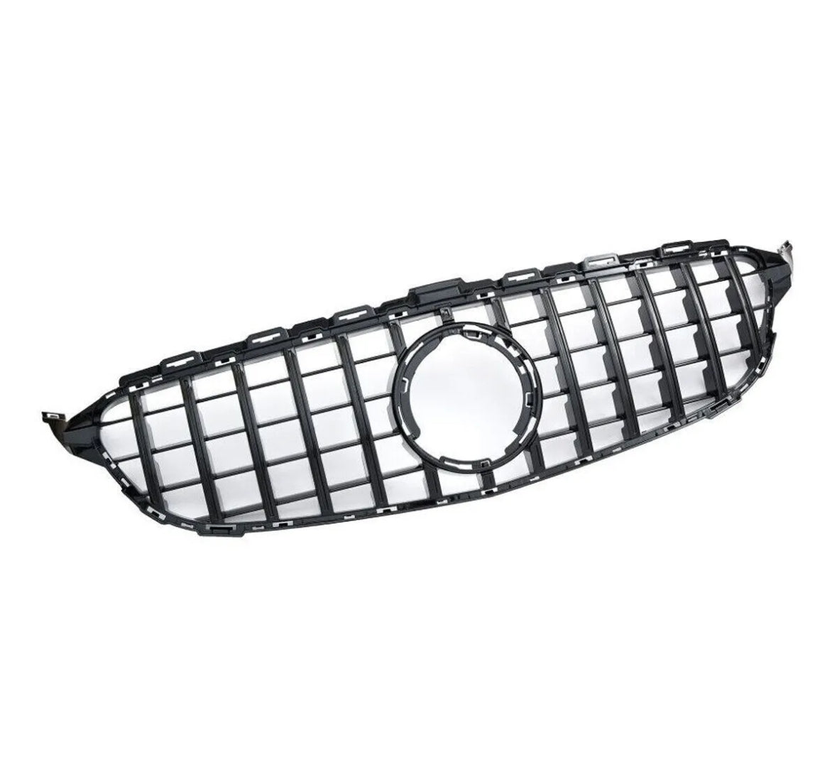 A black car grille with vertical and horizontal slats surrounds a central circular emblem mount, positioned on a white background.