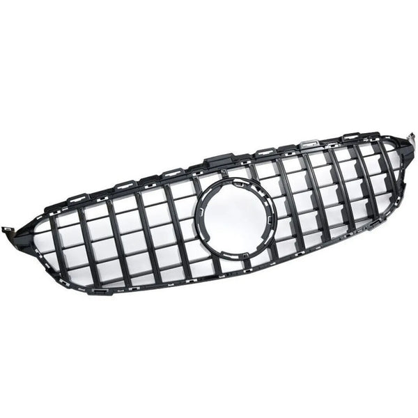 A black car grille with vertical and horizontal slats surrounds a central circular emblem mount, positioned on a white background.