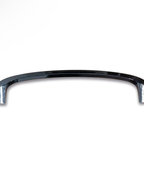 A chrome metal handle with a sleek, curved design is positioned horizontally against a plain white background, reflecting light subtly on its polished surface.