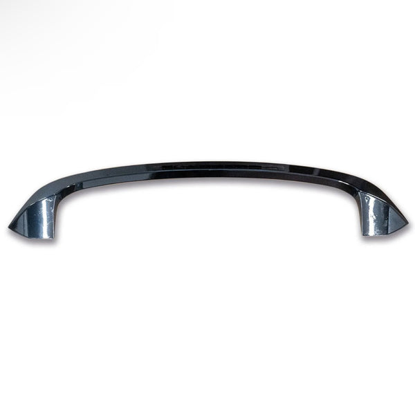 A chrome metal handle with a sleek, curved design is positioned horizontally against a plain white background, reflecting light subtly on its polished surface.