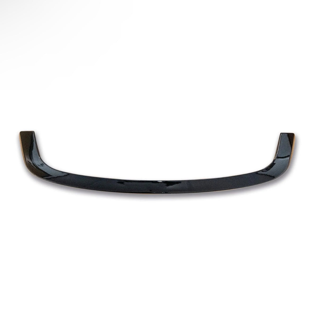 A glossy, black, curved car spoiler with slightly raised ends rests on a plain white background, highlighting its sleek design.