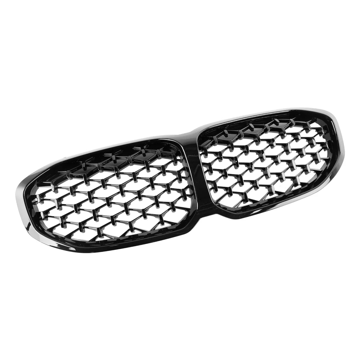A shiny black dual-section car grille, featuring a diamond pattern, is set against a plain white background, emphasizing its sleek and glossy design.