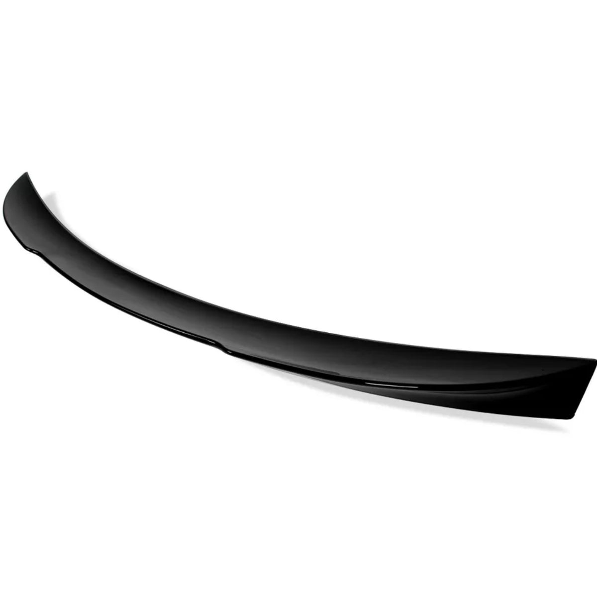 A glossy black car spoiler, slightly arched, is positioned against a plain white background, highlighting its sleek design and aerodynamic purpose.