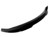 A glossy black car spoiler, resting against a white background, showcases its aerodynamic, curved design intended for attachment to a vehicle's rear.