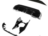 Several glossy black car body kit components are arranged separately, displaying various aerodynamic shapes designed for vehicle exterior modification, all set against a plain white background.