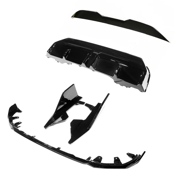 Several glossy black car body kit components are arranged separately, displaying various aerodynamic shapes designed for vehicle exterior modification, all set against a plain white background.
