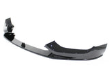 A glossy black car front bumper lip sits on a plain white background, featuring a sleek, aerodynamic design with curved edges and mounting points.