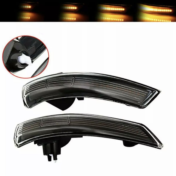 Curved LED car lights, shown illuminating sequential amber signals, are highlighted against a white background, with an inset image displaying a connector plug.