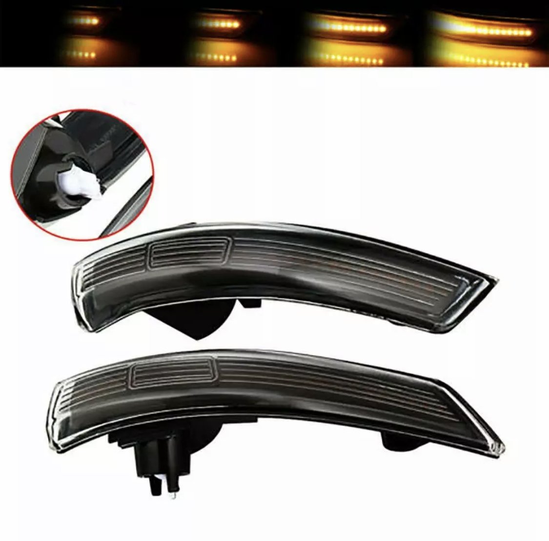 Curved LED car lights, shown illuminating sequential amber signals, are highlighted against a white background, with an inset image displaying a connector plug.