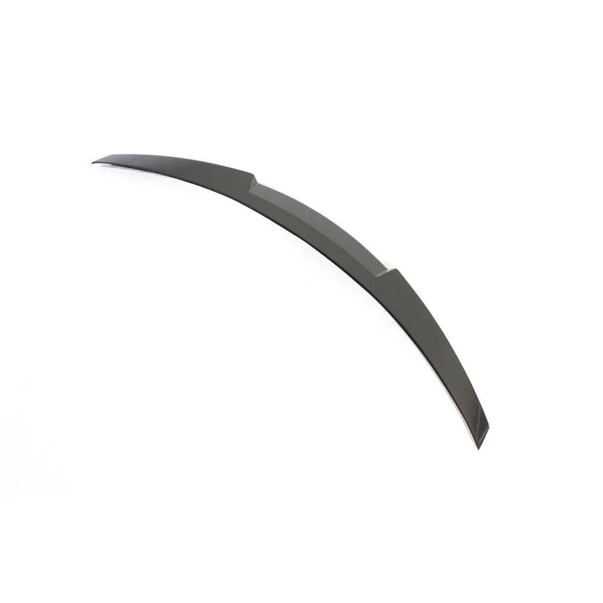 A black, curved, elongated object with angled ends rests diagonally against a white background, resembling a car spoiler or similar aerodynamic component.