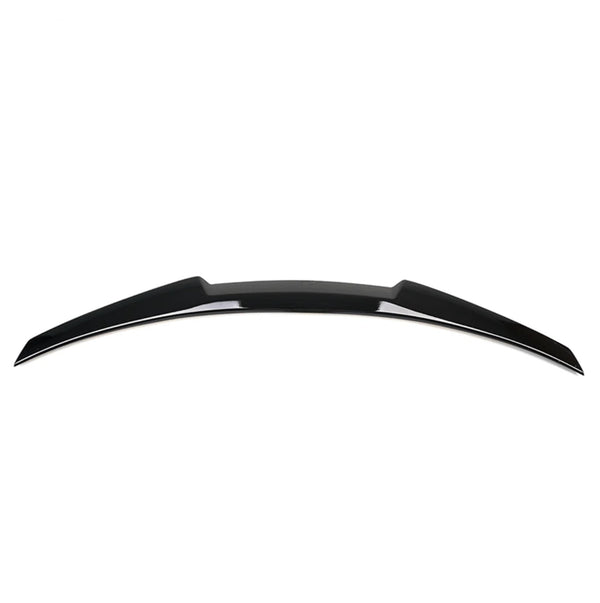 A sleek, black car spoiler is displayed against a plain white background, showcasing its curved design and aerodynamic features.