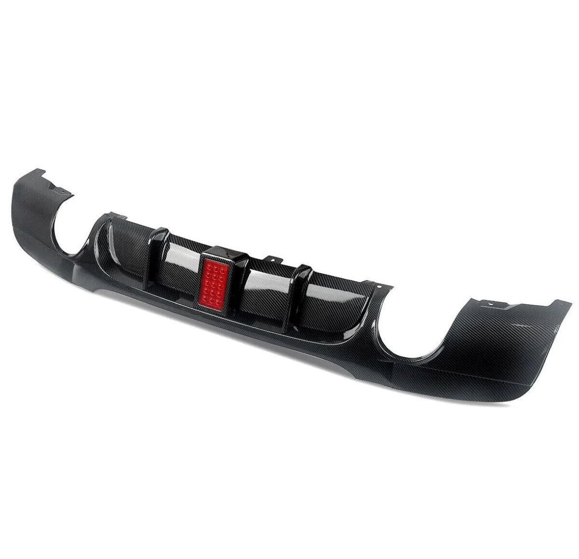 A carbon fiber car diffuser with a central red LED light is positioned on a white background, designed to improve aerodynamics and add visual appeal to the vehicle's rear.