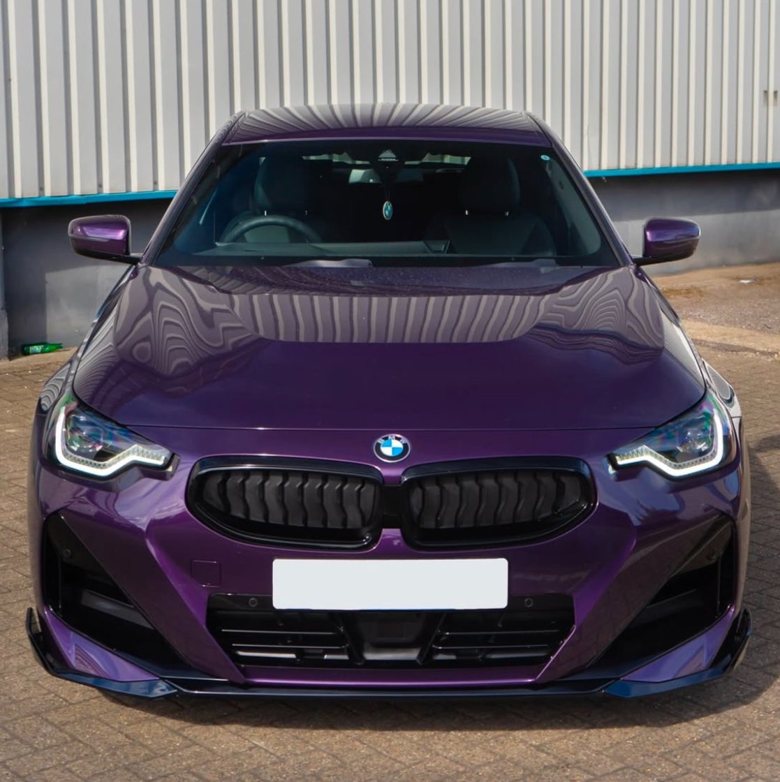 A purple BMW car is parked in front of a corrugated metal building. The car's sleek headlights and black grille are prominently displayed. The pavement surrounds the car.