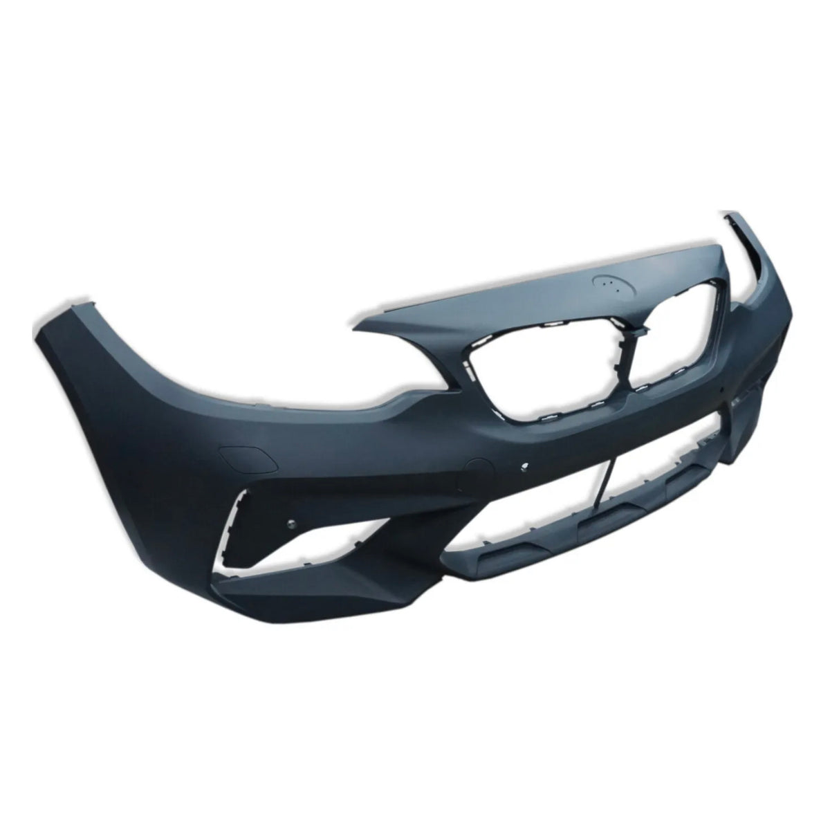 A black car bumper with angular contours and a central grille cutout, placed against a plain white background.