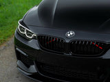 A black car with a BMW emblem on the hood is parked on a pavement beside green grass. Its headlights and grille are prominently featured, displaying a sleek, modern design.