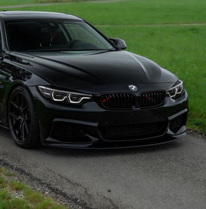 A sleek black car with distinct headlights is parked on a paved road, bordered by lush green grass in a calm, open area.