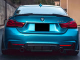 A blue BMW 440i is parked on a road, showing a rear view with a dual exhaust system. The background includes a concrete wall and blurred trees under an overcast sky.