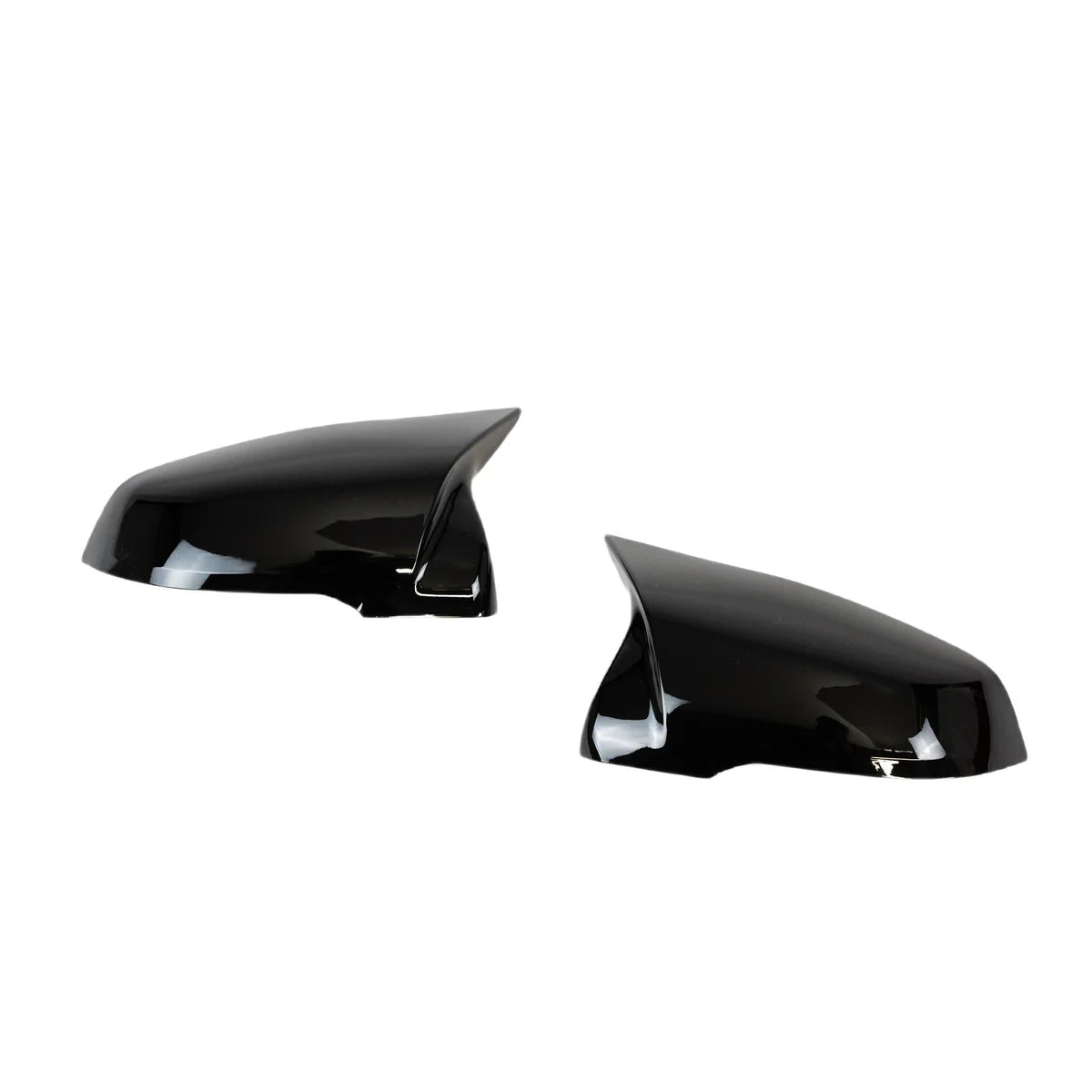 Two black side mirror covers are shown, facing each other, with a glossy finish, placed against a plain white background.