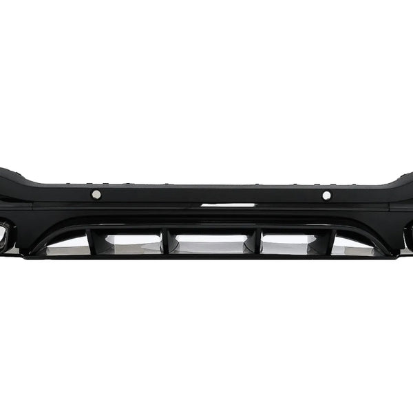 Black car bumper with integrated dual exhaust tips, not mounted, showcasing exhaust outlets and aerodynamic design, isolated against a white background.
