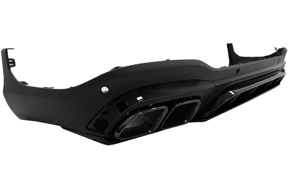 A black car bumper features dual exhaust cutouts and aerodynamic detailing, designed for rear attachment, against a plain, white background.