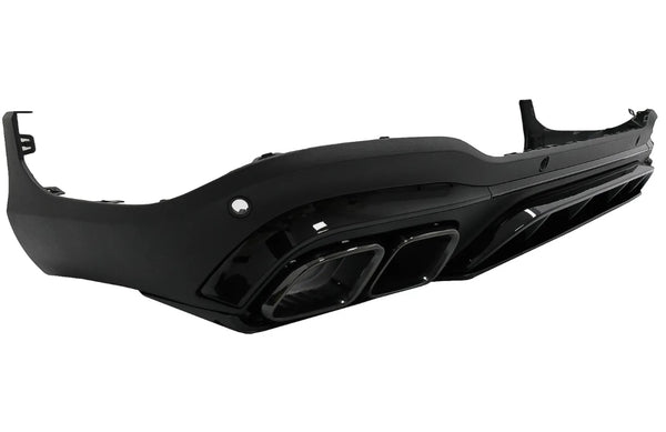 A black car bumper features dual exhaust cutouts and aerodynamic detailing, designed for rear attachment, against a plain, white background.