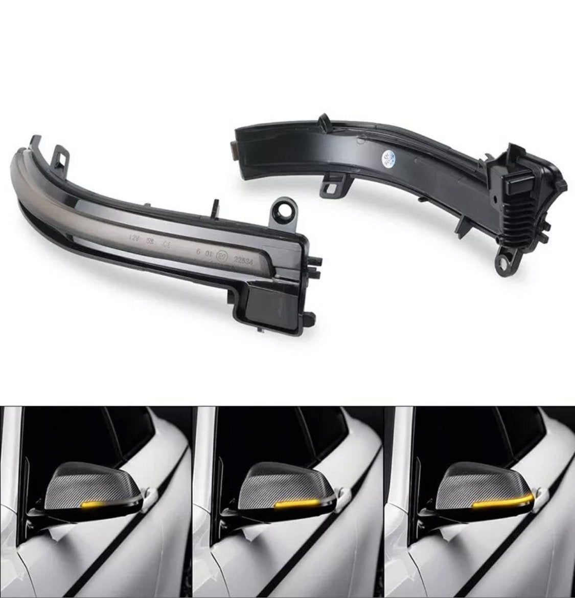 Curved black car mirror indicator lights, displayed separately and installed. Lower images show sequence of a carbon-fiber patterned side mirror on a white car with the indicator light illuminating.