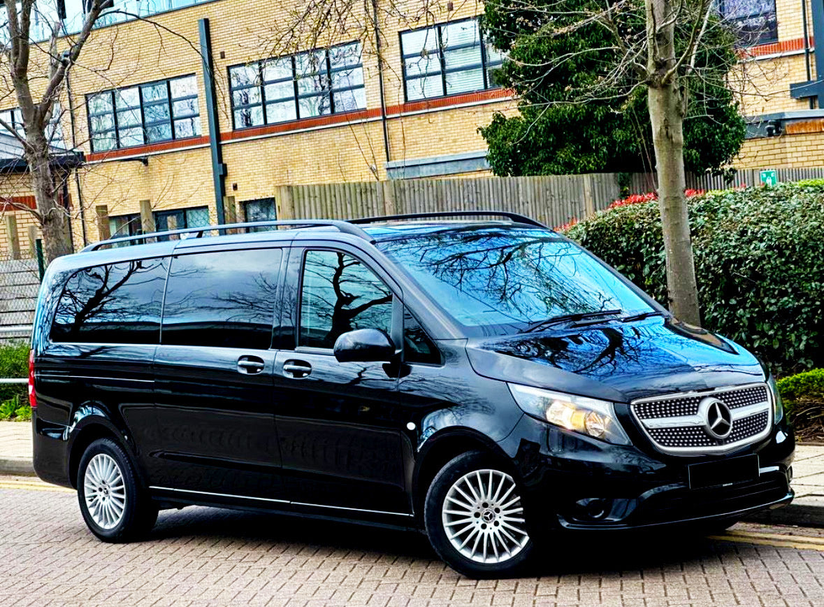 A black Mercedes-Benz van is parked on a paved street. The setting includes a background with a brick building, trees, and a hedge.