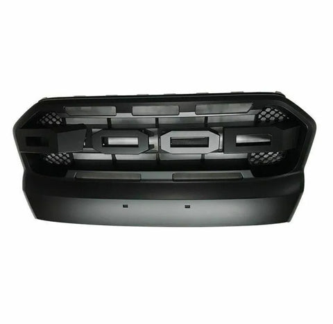 Black vehicle grille displaying bold letters "FORD," features a mesh pattern on sides, set against a plain white background.