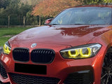 A red car with illuminated yellow headlights is parked on a gravel path, surrounded by trees and greenery, under a clear sky. The hood features a BMW emblem.