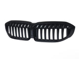 A glossy black car grille with twin kidney-shaped sections, featuring vertical slats, is displayed against a plain white background.