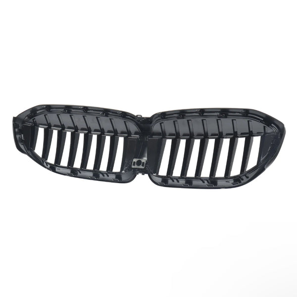 A glossy black automotive grille with vertical slats is centered against a plain white background, resembling a kidney shape, commonly used in car fronts for air intake.