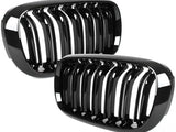Two black, glossy car grilles with vertical slats lean against each other, reflecting light. They are set against a plain white background.