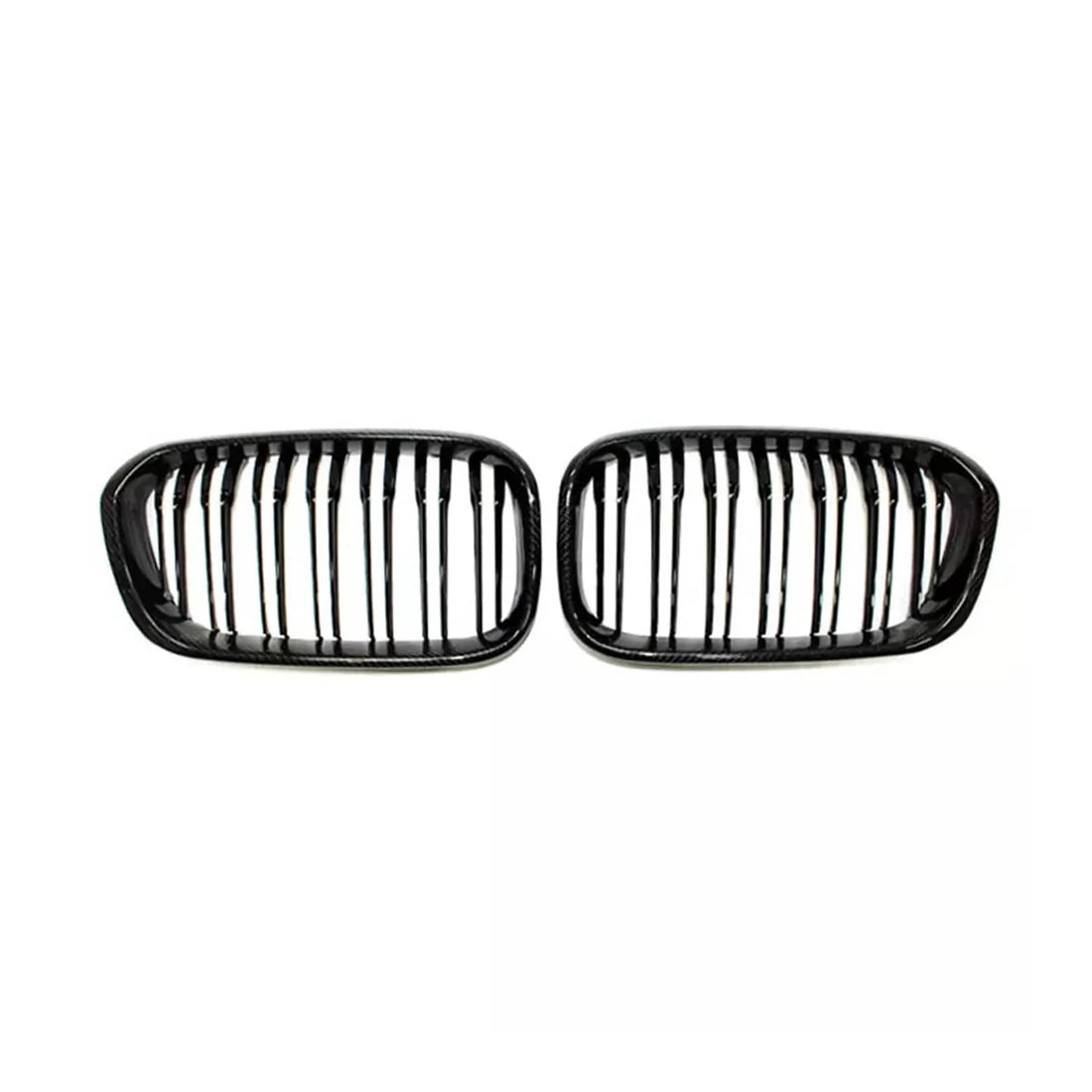 Two black car grilles with vertical slats are positioned side by side on a white background, suggesting they are replacement parts for specific vehicle models.