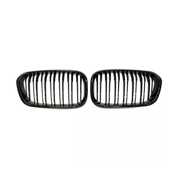 Two black car grilles with vertical slats are positioned side by side on a white background, suggesting they are replacement parts for specific vehicle models.
