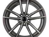 A metallic alloy wheel features a multi-spoke design, shown in a clean, isolated setting. The wheel has a glossy finish and a circular black center cap.