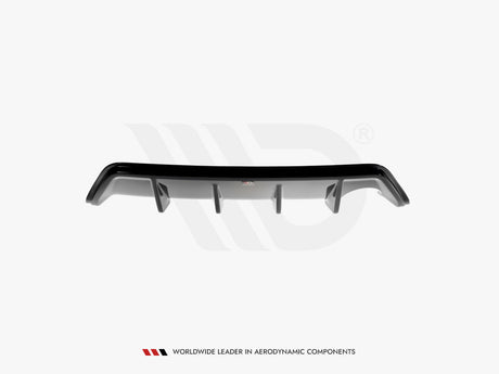 A black car diffuser with aerodynamic fins is centered against a plain white background. Text below reads, "WORLDWIDE LEADER IN AERODYNAMIC COMPONENTS."
