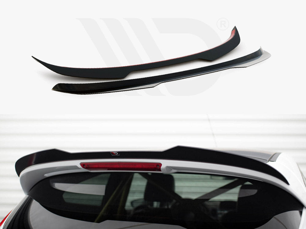 Two black car spoilers are displayed; one is seen installed on a white car's rear, above the back window. The environment is bright with blurred lines visible in the background.