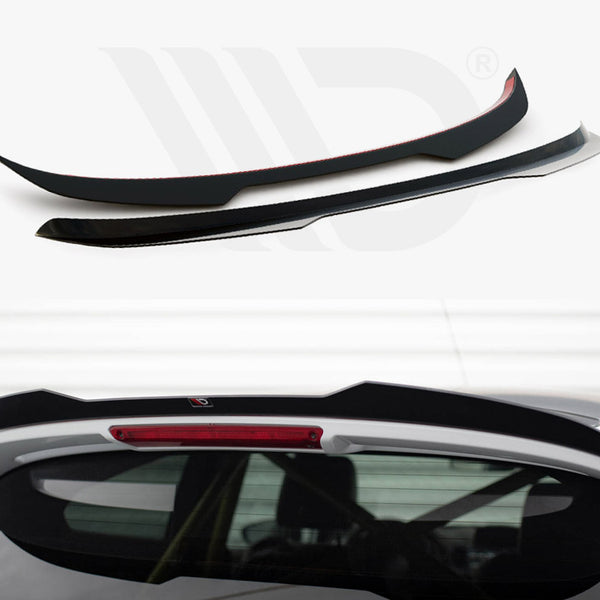 Two black car spoilers are displayed; one is seen installed on a white car's rear, above the back window. The environment is bright with blurred lines visible in the background.