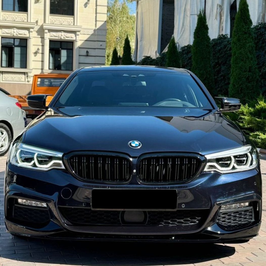 A sleek black car with prominent headlights is parked on a brick driveway. It is flanked by two other cars and bordered by tall green shrubs and buildings in the background.