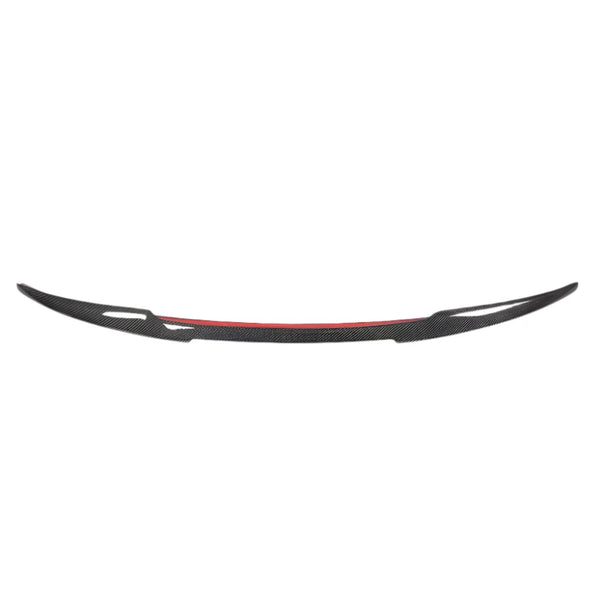 Curved carbon fiber spoiler with a red accent stripe; it rests against a plain white background, highlighting its aerodynamic design.