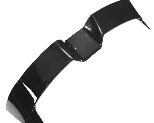 A black, glossy car spoiler is shown, featuring a sleek, aerodynamic design. It's isolated on a plain white background.