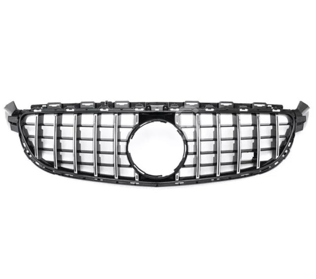 Car grille with vertical chrome slats and a central circular emblem space; displayed against a plain white background.