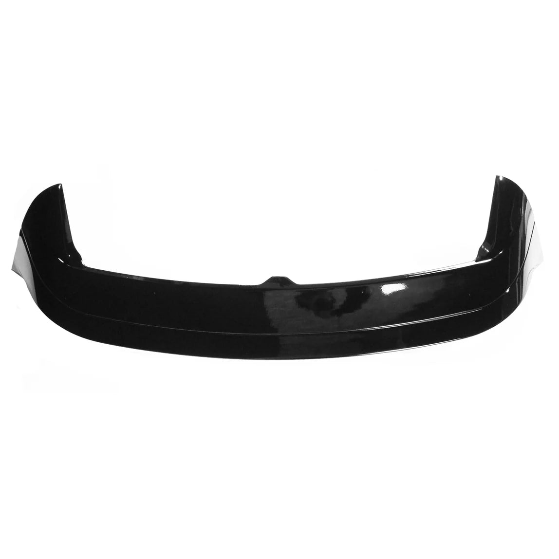 A glossy black car bumper spoiler sits on a white background, showcasing its sleek curving design and aerodynamic structure.
