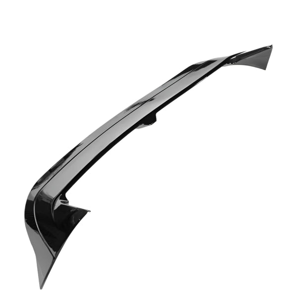 Glossy black car spoiler angled upward, designed for aerodynamic enhancement, isolated against a plain white background.