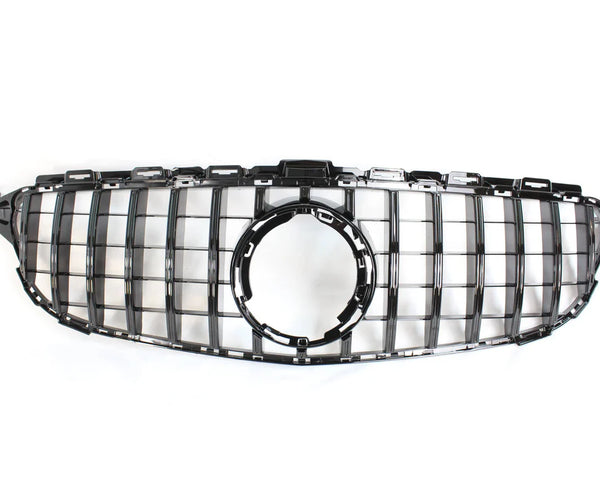 Shiny black car grille with vertical and horizontal slats features a central circular opening, staged against a plain white background.